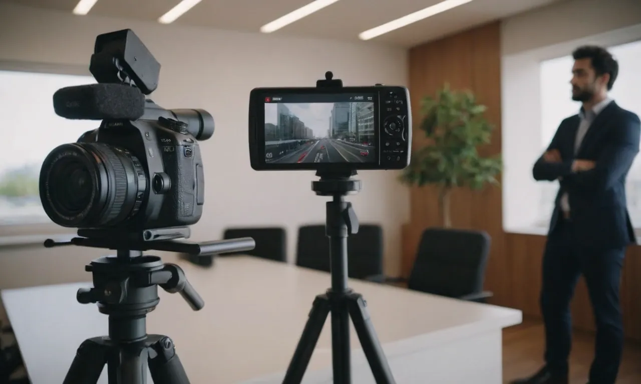 Eine Kamera und ein Smartphone auf Stativen in einem Konferenzraum, perfekt für die Aufnahme von Imagefilmen. Auf dem Bildschirm des Smartphones ist eine Stadtlandschaft zu sehen, während im Hintergrund ein Mann im Anzug neben einem Tisch und Stühlen steht.