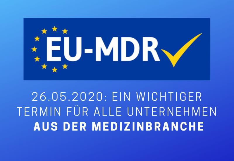 Das Logo für eu - mdr mit MDR-konformer Chargenverwaltung mit UDI für Medizinprodukte in der Warenwirtschaft, dargestellt auf blauem Hintergrund.