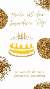 Eine Geburtstagskarte mit Kuchen und goldenem Glitzer.
