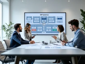 Definition ERP - Vier Personen halten in einem Konferenzraum eine Besprechung ab, in der sie über Enterprise Resource Planning diskutieren. Auf einem großen Bildschirm wird ein Flussdiagramm eines ERP-Systems angezeigt. Zwei Männer und zwei Frauen sitzen an einem Tisch und nutzen Dokumente und digitale Geräte. Pflanzen schmücken den Raum.