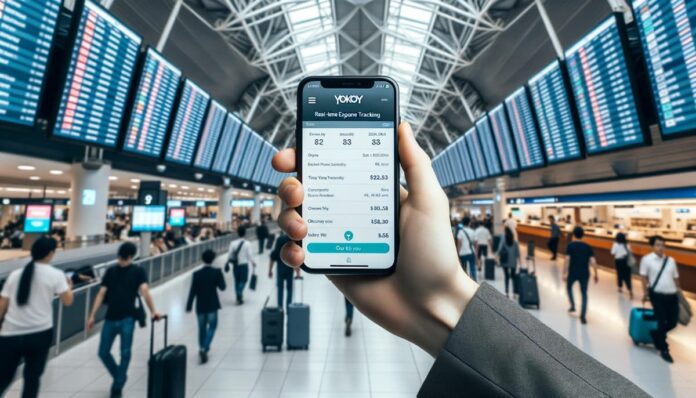 Eine Person hält an einem Flughafen ein Mobiltelefon hoch und nutzt die KI-gestützte Technologie von Yokoy, um die Reisekostenabrechnung zu optimieren.
