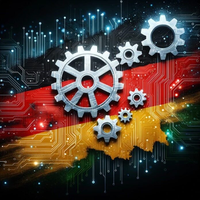 Deutschlandflagge mit Zahnrädern auf einer Platine, die zeigt, wie sich KI-Regulierungen auf die deutsche Wirtschaft auswirken könnten.