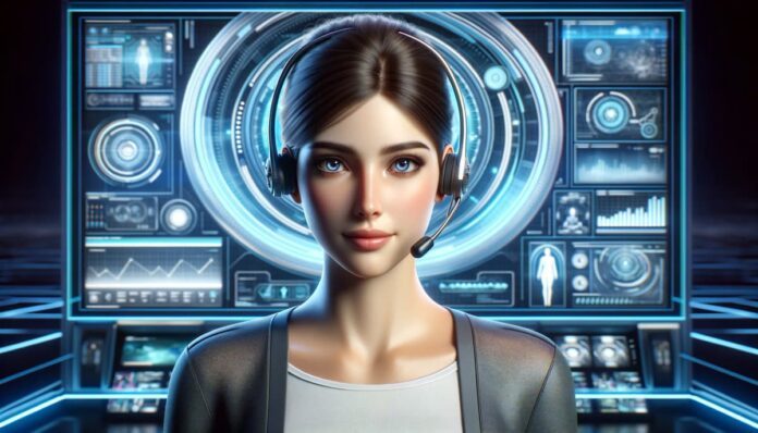 Eine Frau mit Headset vor einem futuristischen Bildschirm.