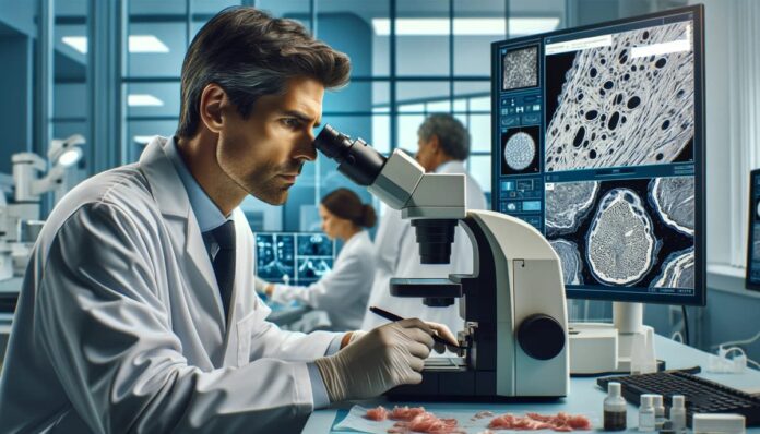 Ein Mann führt in einem Labor eine Krebsdiagnose durch und wartet sehnsüchtig auf bahnbrechende Ergebnisse durch sein Mikroskop.