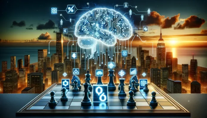 Konzeptuelle Grafik des digitalen Gehirns über einem Schachbrett mit futuristischer Skyline der Stadt in der Abenddämmerung, die strategisches Denken und Künstliche Intelligenz symbolisiert.