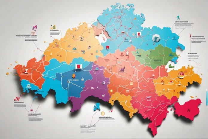 Farbenfrohe, stilisierte Europakarte mit Symbolen und Anmerkungen, die verschiedene Regionen, darunter Österreich, und Informationspunkte hervorhebt.