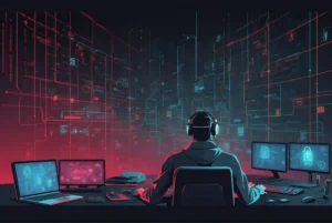 Eine Person mit Kopfhörern sitzt vor mehreren Computerbildschirmen, zeigt grafische Daten in einer neonbeleuchteten Cyber-Umgebung an und analysiert KI-Bedrohungen.