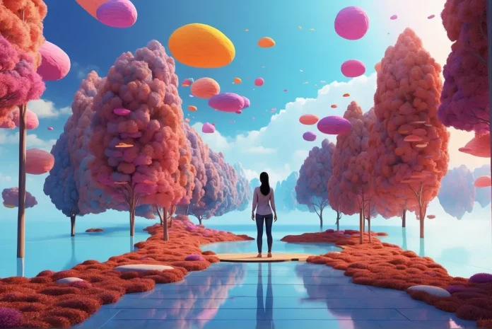 Eine Person steht am Ende eines Weges, umgeben von surrealen rosa Bäumen und schwebenden bunten Kugeln unter einem blauen Himmel.