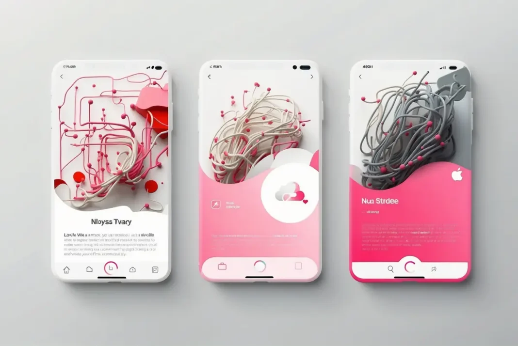 Drei Smartphones mit abstrakten, kunstvollen Benutzeroberflächen in einem Farbschema aus Rot und Grau präsentieren die KI-Ambitionen von Apple.