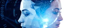 Digitales zusammengesetztes Bild des Profils einer Frau, überlagert mit futuristischen Grafiken, die künstliche Intelligenz und Datenkonzepte in Übereinstimmung mit dem AI Act darstellen.