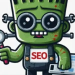 Cartoon eines grünen RankensteinSEO-Monsters, das eine Lupe und einen Laptop hält, eine Brille trägt und ein Schild mit der Aufschrift „SEO“ trägt.