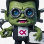 Eine 3D-animierte grüne Figur mit großen Augen und Brille, die Werkzeuge und ein Klemmbrett mit Diagrammen hält und ein Hemd mit dem RankensteinSEO-Logo trägt.