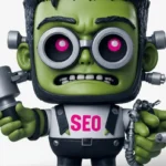 Cartoonartige 3D-Illustration einer grünen, zombieähnlichen Figur mit rosa Augen und der Aufschrift „RankensteinSEO“, die einen Overall trägt und mechanische Werkzeuge hält.