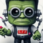 Eine Spielzeugfigur, die einem Superhelden ähnelt, gestaltet als grünhäutige, traurig blickende Figur, die eine Brille und eine Weste trägt und RankensteinSEO-Geräte bei sich trägt.