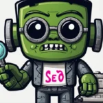 Cartoon eines grünen Roboters mit einem Aussehen wie RankensteinSEO, der eine Lupe hält und Kopfhörer trägt. Auf seiner Brust steht die Aufschrift „Seo“.