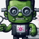 Cartoon-Illustration eines grünen Roboters mit RankensteinSEO-ähnlichen Gesichtszügen, der eine Brille trägt, eine Lupe und einen Aktenkoffer mit einem Biohazard-Symbol hält.