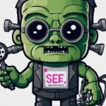 Cartoon-Illustration eines grünen, roboterähnlichen Monsters mit großen Augen, das ein T-Shirt mit der Aufschrift „RankensteinSEO“ trägt und einen Telefonhörer in der Hand hält.