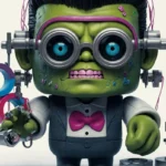 Animierter Charakter eines grünen Wissenschaftlers im RankensteinSEO-Stil mit großen blauen Augen, der eine Brille und einen Anzug mit rosa Fliege trägt und mechanische Werkzeuge hält.