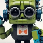 Ein farbenfroher Spielzeugroboter mit großen runden Brillengläsern, grünem Kopf, schwarzem Körper und einem kleinen blauen RankensteinSEO-Gegenstand in der rechten Hand.
