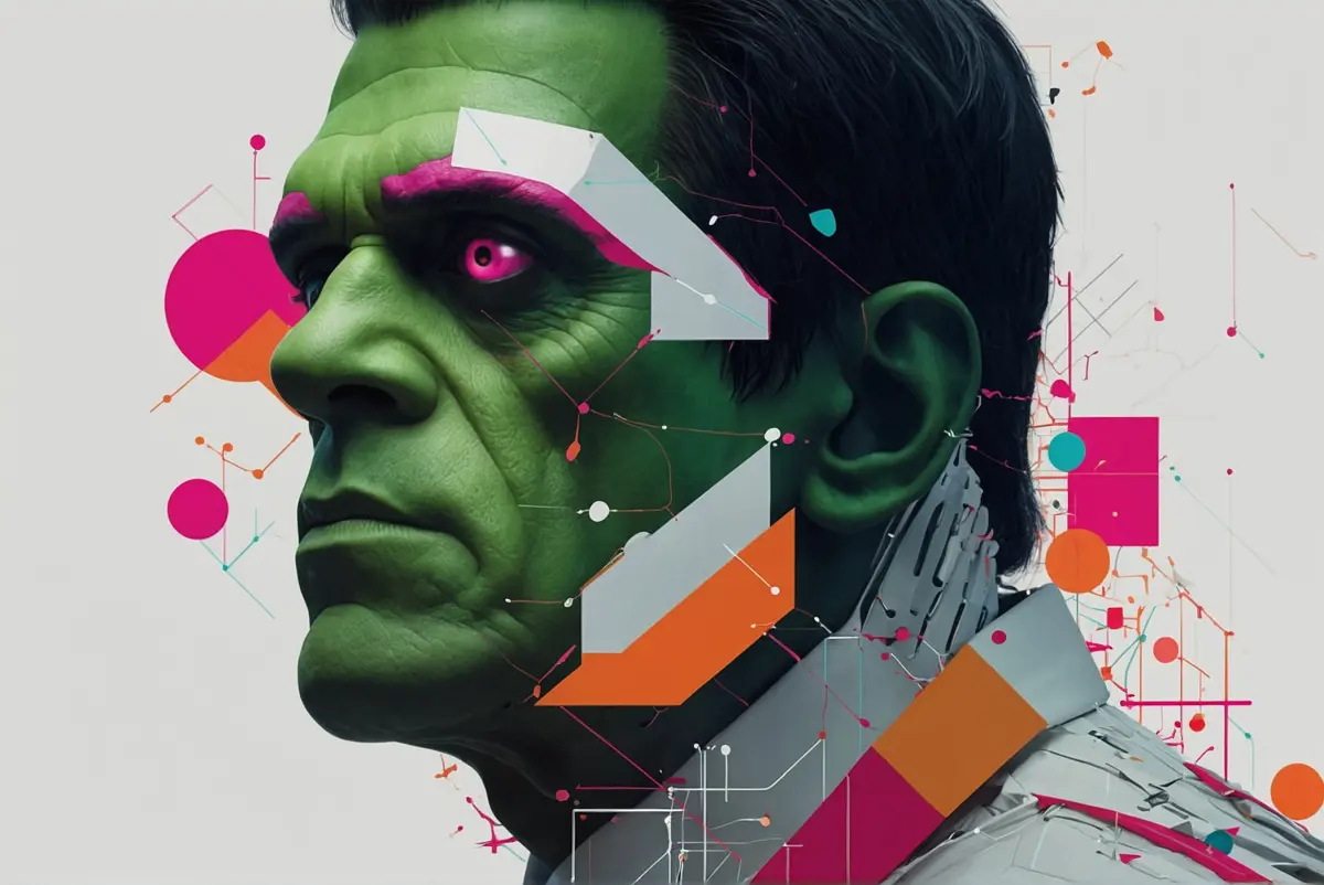 RankensteinSEO - Digitales Kunstwerk eines Mannes mit grüner Haut und geometrischen, farbenfrohen Überlagerungen von RankensteinSEO, das eine Fusion aus menschlichen und grafischen Elementen darstellt.