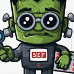 Cartoon-Illustration eines grünen Roboters mit einem RankensteinSEO-ähnlichen Aussehen, der eine Fernbedienung und eine Lupe hält und auf seiner Brust die Aufschrift „selbst“ trägt.