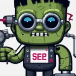 Illustration eines Cartoon-Roboters im RankensteinSEO-Stil mit großer Brille, der einen Schraubenzieher hält und auf dessen Brustdisplay „sep“ steht.