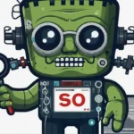 Eine Cartoon-Illustration eines grünen Roboters mit einem RankensteinSEO-ähnlichen Kopf, der Kopfhörer trägt, eine Lupe hält und auf dessen Brust ein Klebeband mit der Aufschrift „so“ steht.