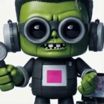 Spielzeugfigur eines grünen RankensteinSEO-Monsters mit Schutzbrille, Kopfhörern und einem Lutscher und einem Laptop in der Hand vor einem weißen Hintergrund.