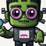 Karikatur eines grünen Roboters mit großen violetten Augen, der ein Druckmessgerät hält und vor einem weißen Hintergrund ein Bodypanel mit RankensteinSEO-Diagrammen trägt.