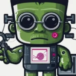 Cartoon eines grünen Roboters mit quadratischem Kopf, großen runden Brillengläsern und verschiedenen Zifferblättern und Knöpfen, der ein Gefühl von RankensteinSEO und Technologie vermittelt.