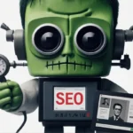 Abbildung einer grünen Roboterfigur von RankensteinSEO, die eine SEO-Anzeige hält, während auf einem Laptop und einem Tablet SEO-Analysen angezeigt werden.