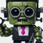 Eine Spielzeugfigur, die einem grünen, roboterhaften RankensteinSEO ähnelt, mit großen Schutzbrillen, einem Schlüssel in der Hand und einem schwarzen Anzug und einer rosa Krawatte.