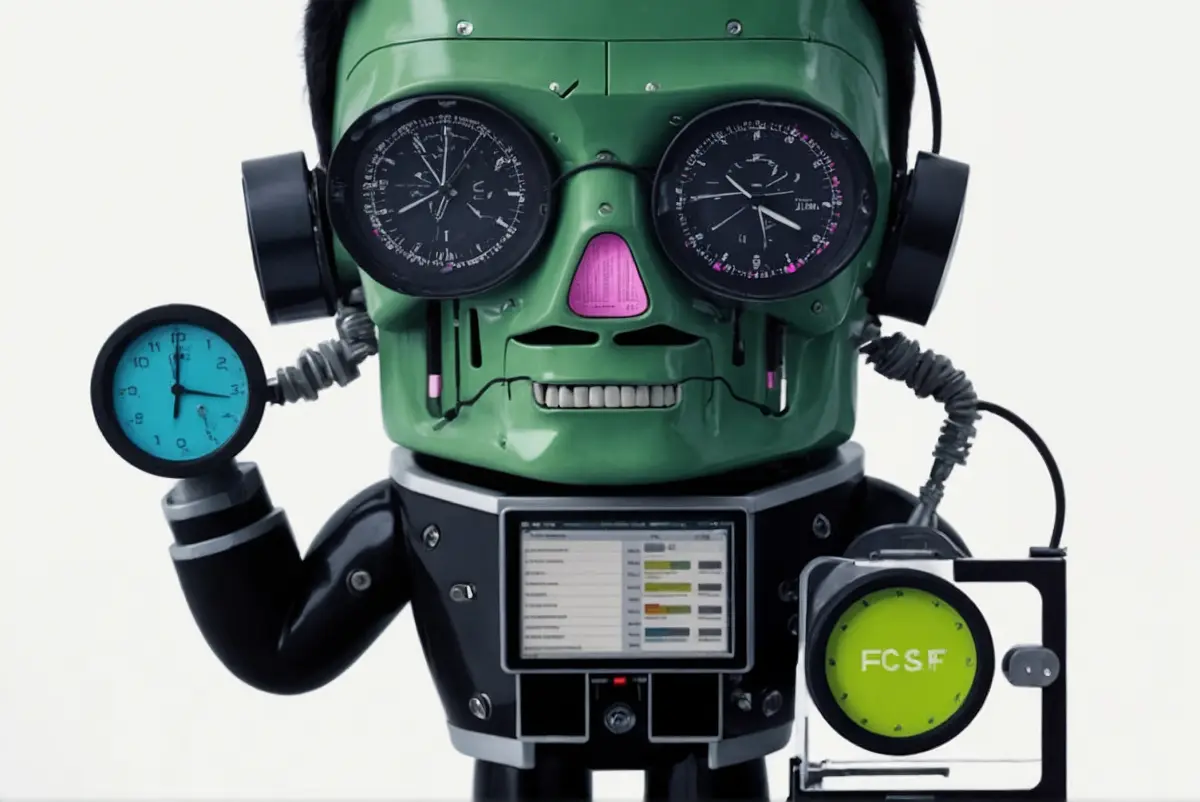 RankensteinSEO - Eine Nahaufnahme eines Roboterkopfes mit grüner Haut, detailliert mit Anzeigen und Messgeräten auf weißem Hintergrund, gestaltet von RankensteinSEO.