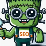 Cartoon-Illustration eines RankensteinSEO-Monsters mit Brille, das eine Lupe und einen Laptop mit der Aufschrift „SEO“ hält.
