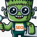Illustration eines freundlichen RankensteinSEO-Monsters, das eine Lupe und einen Laptop hält und ein Lätzchen mit der Aufschrift „SEO“ trägt.