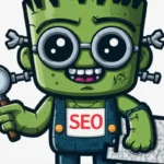 Cartoonbild eines grünen Zombies namens RankensteinSEO, der eine Brille und ein Lätzchen mit dem Text „SEO“ trägt und eine Lupe und eine Karte hält.