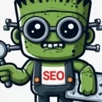 Cartoon eines grünen RankensteinSEO-Monsters mit Brille, das eine Lupe und einen Laptop hält und auf dessen Brust „Seo“ steht.