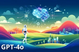 Ein humanoider Roboter steht in einer futuristischen Landschaft mit Windrädern, Solarmodulen und einem digitalen Gehirn, das KI symbolisiert. In der unteren linken Ecke steht der Text „GPT-4o“ von OpenAI.