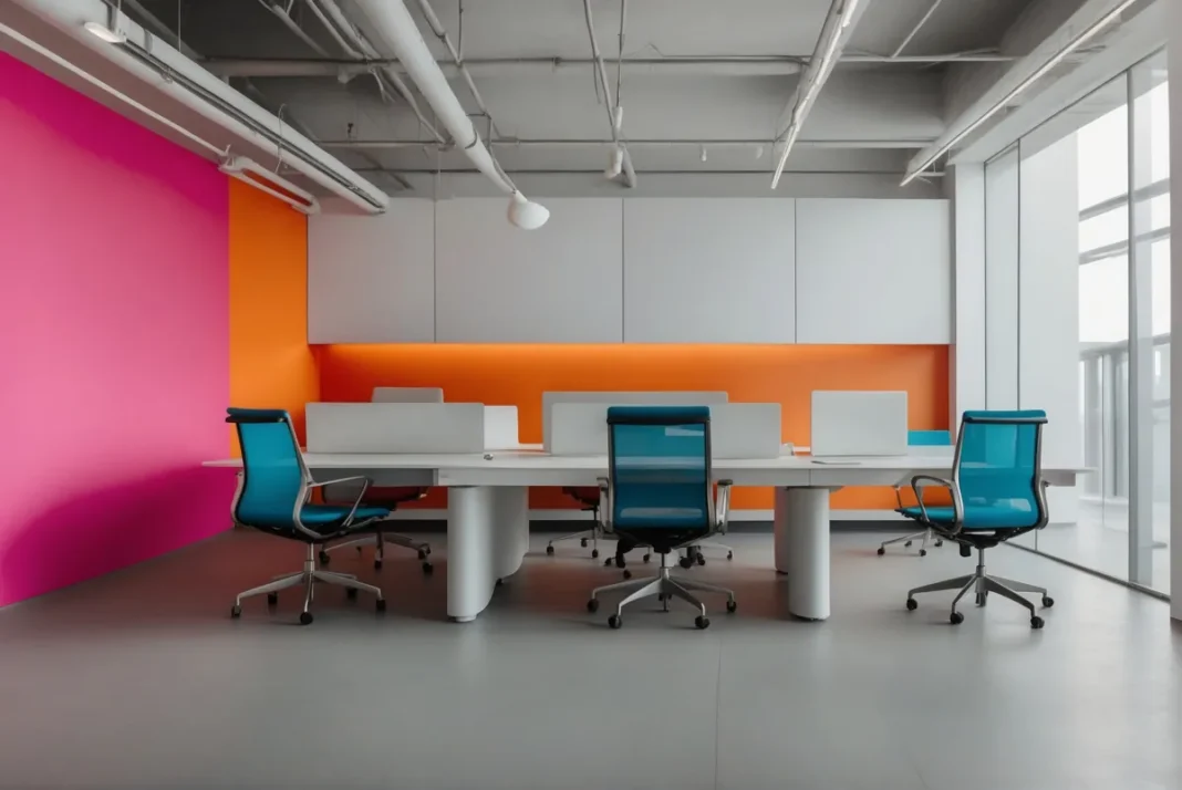 Ein modernes Arbeitsumfeld mit weißen Schreibtischen, blauen Stühlen, orangefarbenen und rosa Wänden und Deckenbeleuchtung. Auf der rechten Seite sind große Fenster zu sehen, die einen einladenden Co-Working-Raum schaffen.