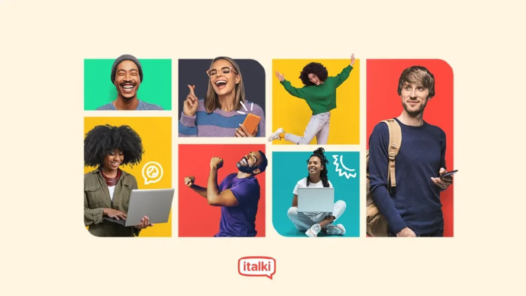 Eine Collage unterschiedlicher Personen, die vor farbenfrohen Hintergründen lächeln, lachen und Geräte verwenden, zeigt unten in der Mitte das italki-Logo und weist auf Möglichkeiten für Sprachstipendien in Business-Englisch hin.