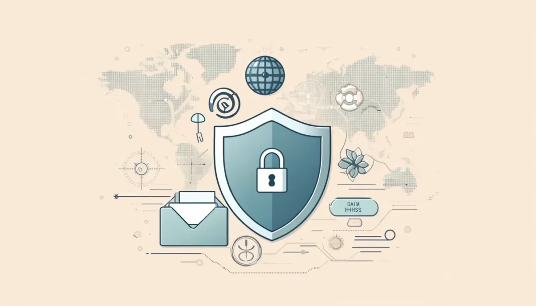 Illustration von Cybersicherheitssymbolen, darunter ein Schild mit einem Schloss, ein Umschlag, ein Globus und verschiedene Symbole im Zusammenhang mit Datenschutz und Ransomware-Trends 2024 vor dem Hintergrund einer Weltkarte.