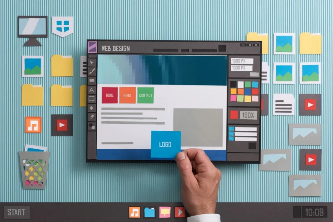 Eine Hand bearbeitet ein Webdesign-Layout auf einem Computerbildschirm mit verschiedenen Symbolen und Ordnern im Hintergrund. Dabei werden Website-Entwicklungstools und -Optionen veranschaulicht und häufige Webdesign-Fehler angesprochen.