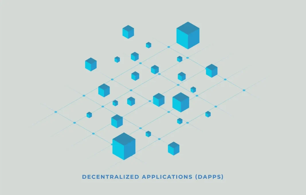 Abbildung verschiedener blauer Würfel, die durch Linien auf einem hellen Hintergrund verbunden sind und dezentrale Anwendungen (dApps) auf Plattformen wie Ethereum und EOS darstellen.