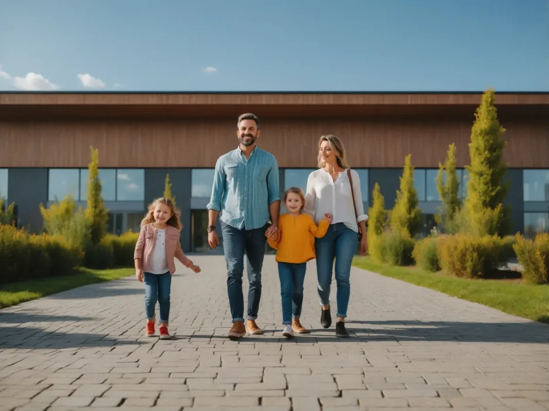 Eine vierköpfige Familie, darunter zwei Kinder, geht Hand in Hand auf einem gepflasterten Weg vor einem modernen Gebäude mit Bäumen und Büschen im Hintergrund und symbolisiert so die Einfachheit der digitalen Wohnsitzanmeldung für Familien.