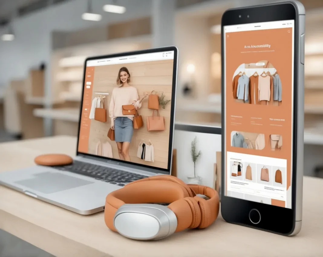 Ein Laptop und ein Smartphone, auf denen eine Shopping-Website mit Bildern von Kleidung und Accessoires angezeigt wird, stehen auf einer Holzoberfläche, neben kabellosen Kopfhörern und einer Computermaus. Dieses Setup unterstreicht die Bedeutung des barrierefreien Onlinehandels, der das Einkaufen für alle zugänglich macht.