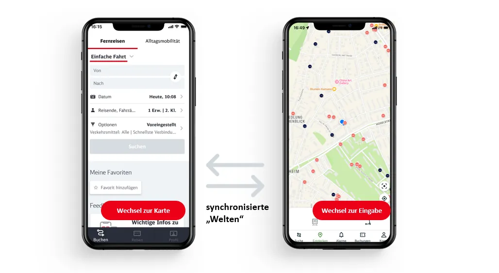 Auf zwei Smartphones sind unterschiedliche Bildschirme einer Verkehrs-App der Deutschen Bahn zu sehen. Das linke Telefon zeigt eine Schnittstelle zum Ticketkauf und das rechte Telefon eine Karte mit Routen. Ein Pfeil zeigt die Synchronisierung an und steht für Innovation bei der Förderung von Nachhaltigkeit im Reisen.