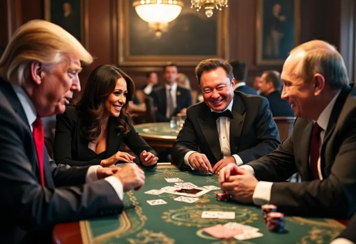 Donald Trump, Kamala Harris, Elon Musk und Wladimir Putin sitzen in einem eleganten Raum um einen Pokertisch und spielen Karten. Auf dem Tisch sind Pokerchips und Karten zu sehen. Die Atmosphäre wirkt lebhaft und gesellig, und die Gespräche drehen sich um Themen von Big-Tech-Innovationen bis hin zur Einhaltung des C2PA-Standards.