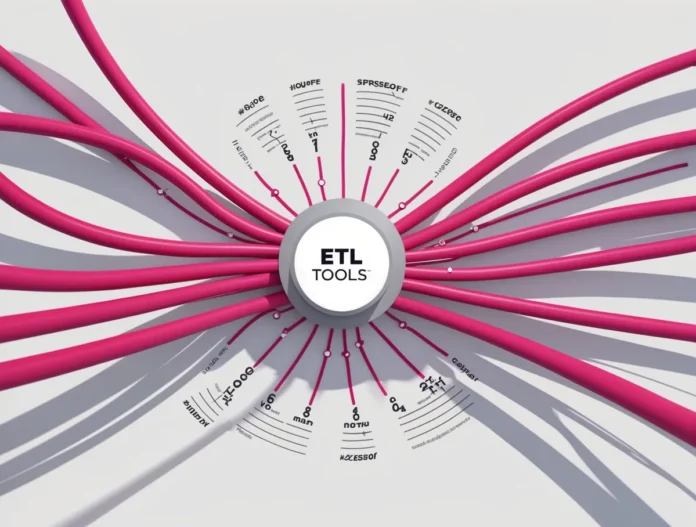 Ein Bild eines kreisförmigen Diagramms mit der Beschriftung „ETL-Tools“ in der Mitte, mit rosa Linien, die nach außen zu verschiedenen Datenpunkten verlaufen und die besten Lösungen für die Datenintegration und die zugehörigen Metriken anzeigen.