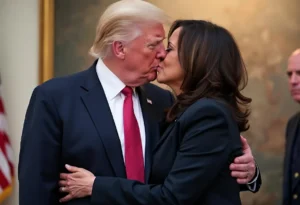 Donald Trump und Kamilla Harris in formeller Kleidung küssen sich in einem Innenraum. Eine Person hat blondes Haar, die andere dunkles. Im Hintergrund ist teilweise eine amerikanische Flagge zu sehen, was Fragen zur Bildmanipulation und zum Einfluss der großen Technologieunternehmen auf die Authentizität von Bildern aufwirft.