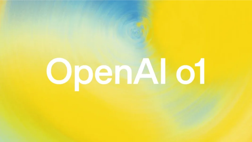 Ein gelb-blauer, wirbelnder Hintergrund mit dem weißen Text „OpenAI o1-Modell“ in der Mitte hebt die Fortschritte in der KI hervor.